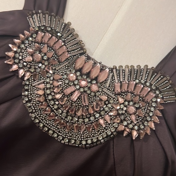 David Meister Brown Rhinestone Halter Neck Evening Dress Sheath Stretch - Picture 3 of 8